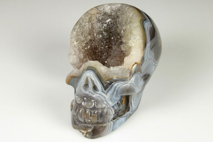Polished Banded Agate Skull with Quartz Crystal Pocket #190520